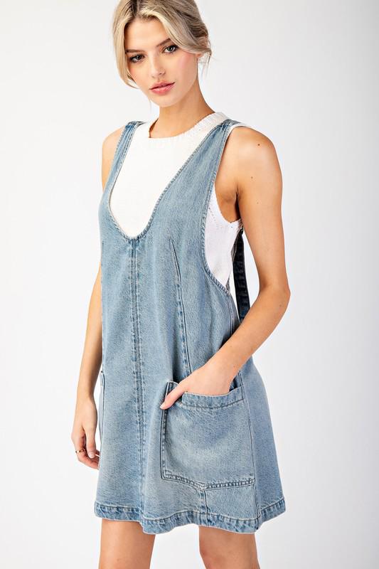 Mini denim overall dress