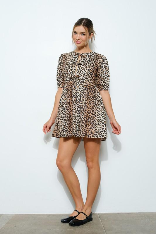 Leopard bow details mini dress