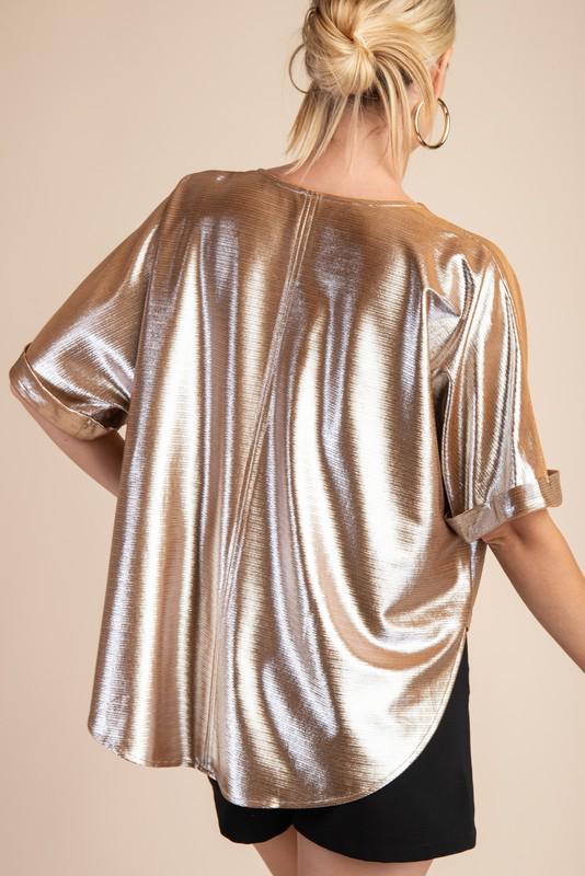 High low metallic champagne top