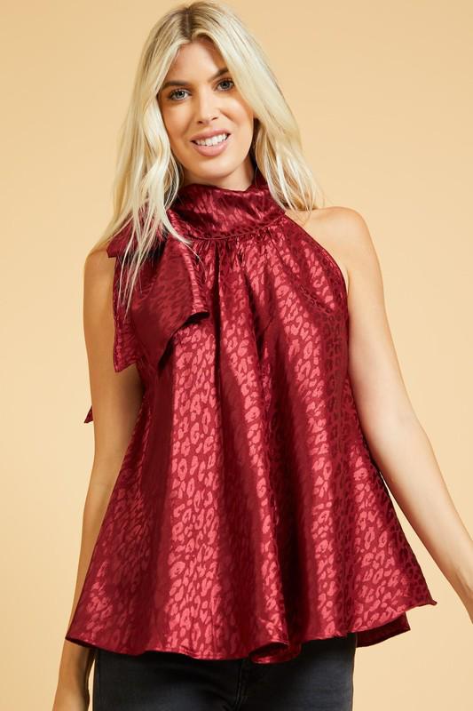 High neck bow burgundy top