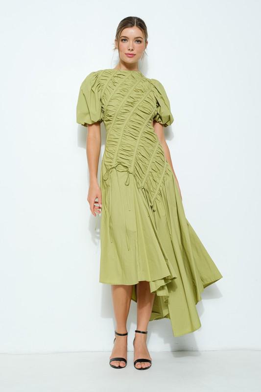 Green bubble sleeves cut out asymmetrical dress