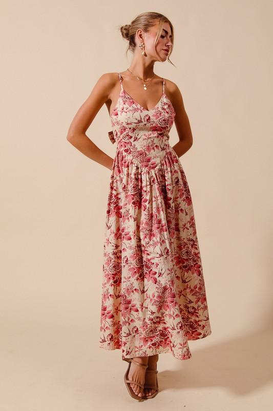 Floral V neck dress with back bow tie (Preorder)