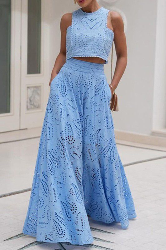 Blue lace crop top & maxi skirt set