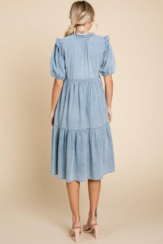 Denim tiered midi dress (Preorder)