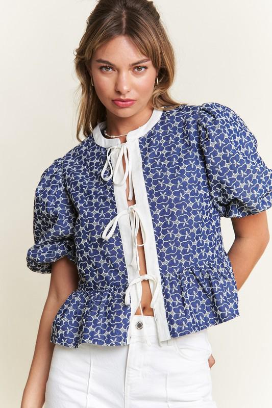 Indigo bloom tie front blouse (Preorder)