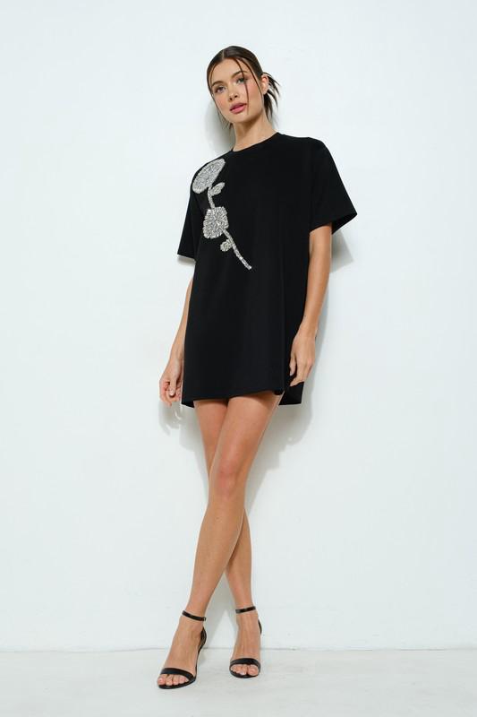 Rhinestone beaded flower black  t-shirt dress (Preorder)