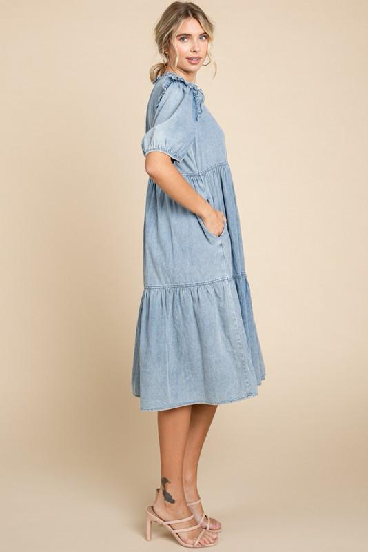 Denim tiered midi dress (Preorder)