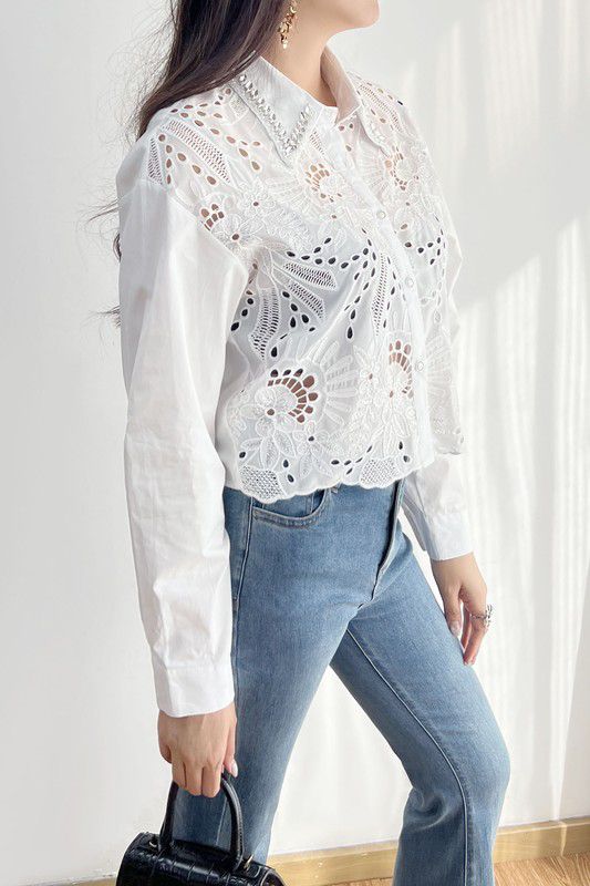 Embroidered button down white top