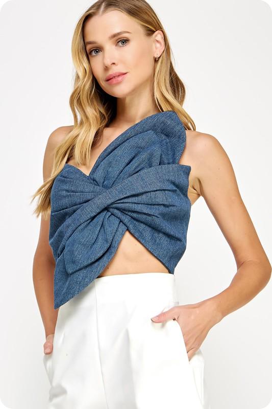 Knotted flower bow denim crop top