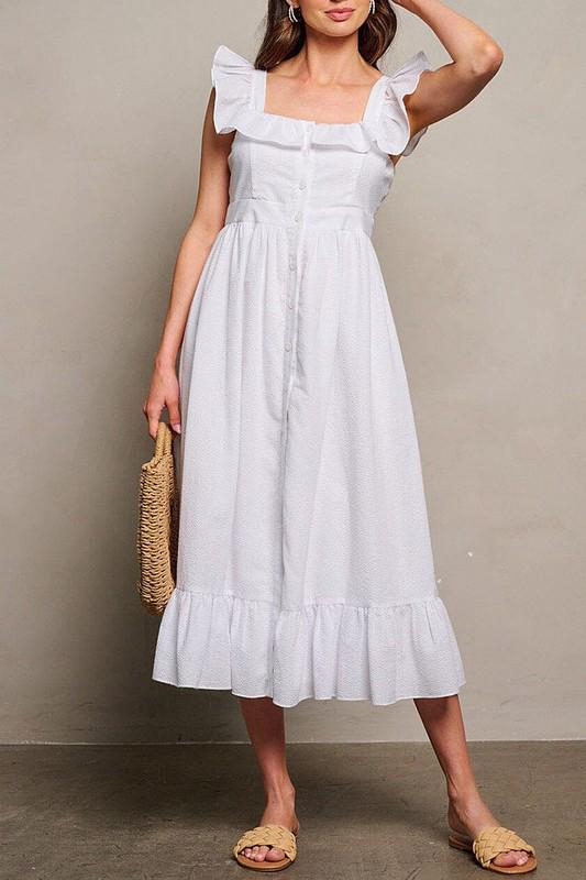 White sleeveless ruffle button up maxi dress (Available next week)