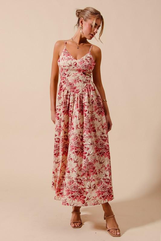 Floral V neck dress with back bow tie (Preorder)