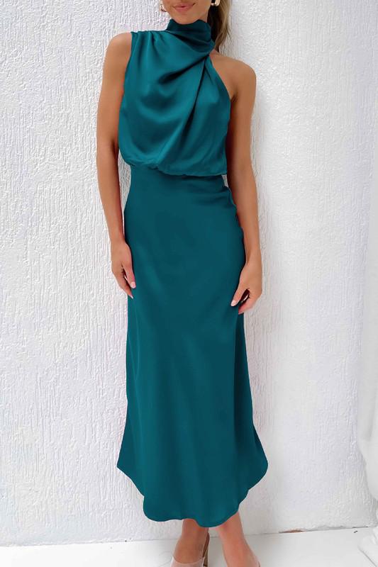 Halter satin teal dress