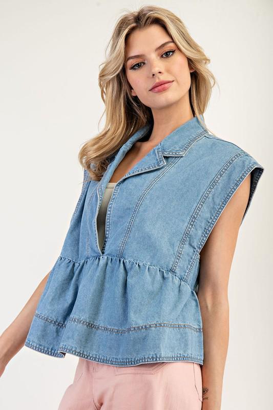 Denim sleeveless collared top