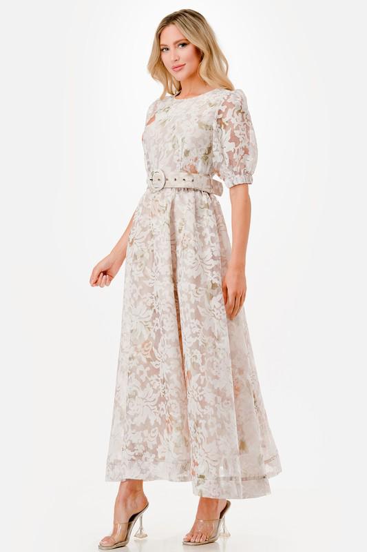 White lace belted maxi dress