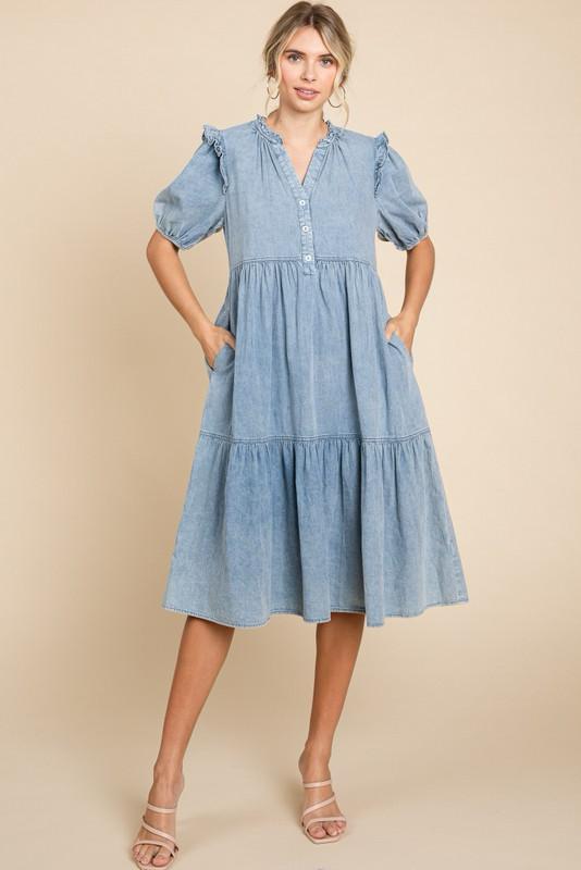 Denim tiered midi dress (Preorder)