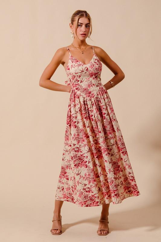 Floral V neck dress with back bow tie (Preorder)