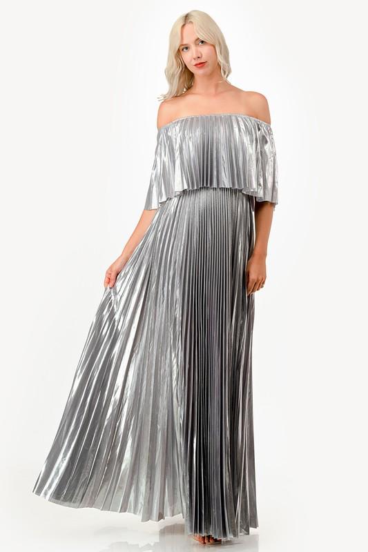 Off shoulder silver pleated dress (Preorder)