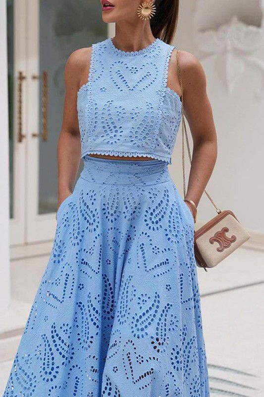 Blue lace crop top & maxi skirt set