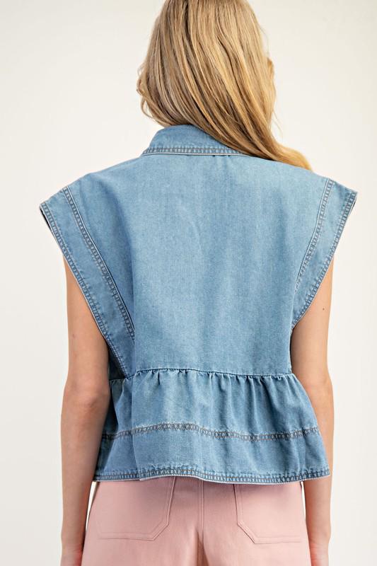 Denim sleeveless collared top