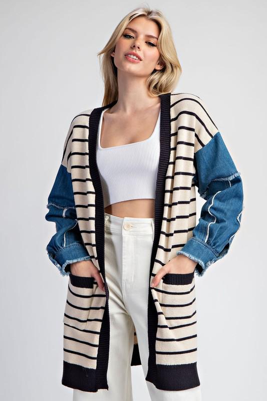 Oversized stripe/denim sleeves cardigan