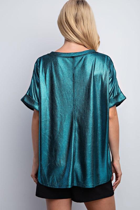 High low metallic green top