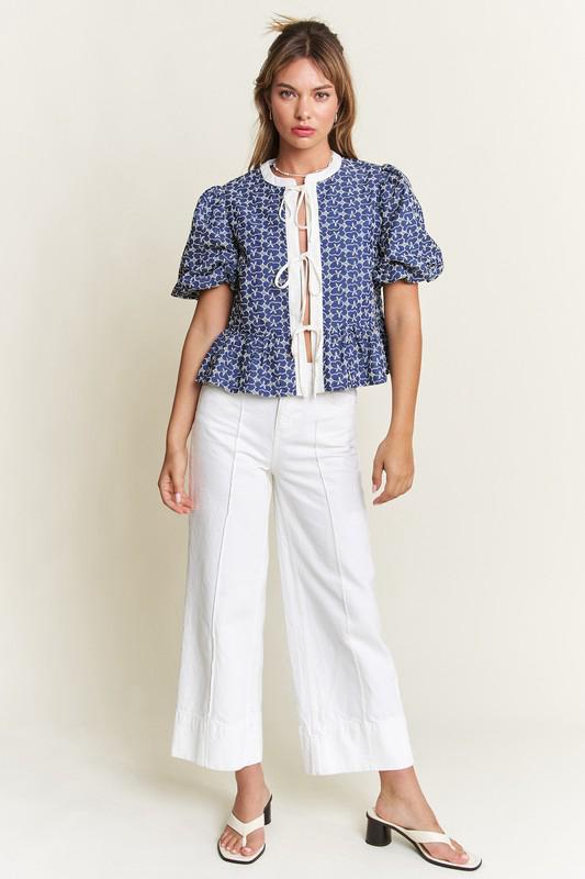 Indigo bloom tie front blouse (Preorder)