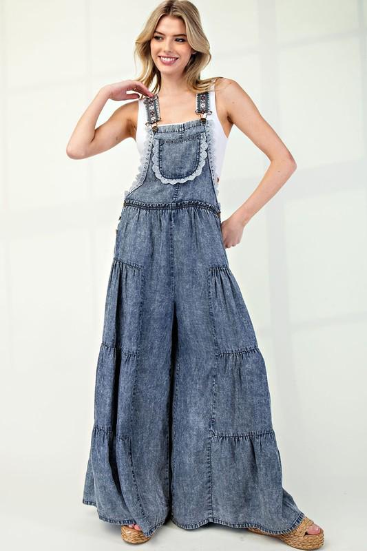 Lace trim tiered sleeveless jumpsuit