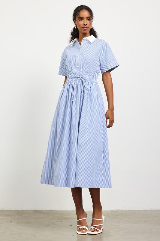 Button down smocked waist midi blue dress