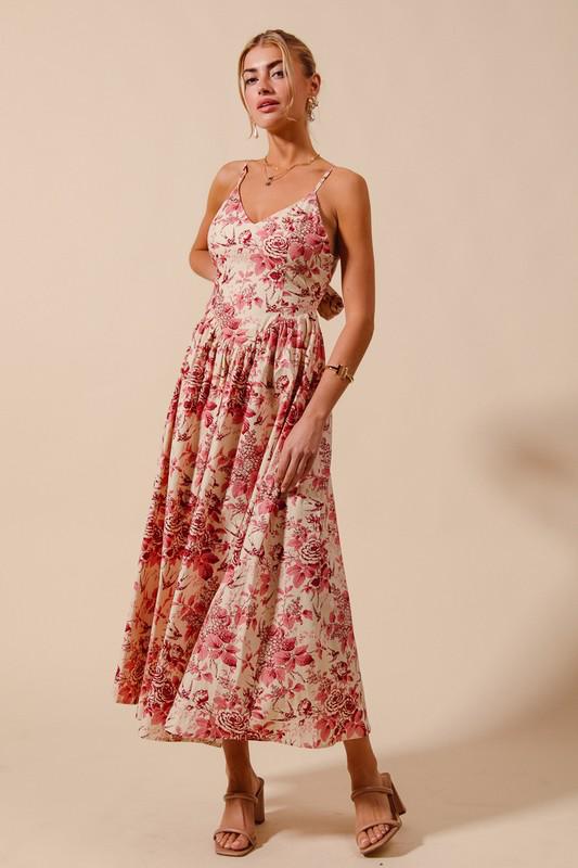 Floral V neck dress with back bow tie (Preorder)