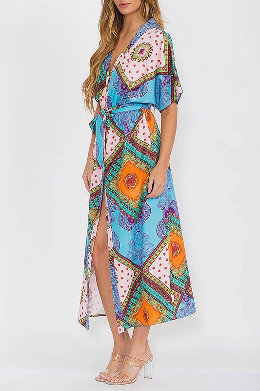 V neck button up multi print dress