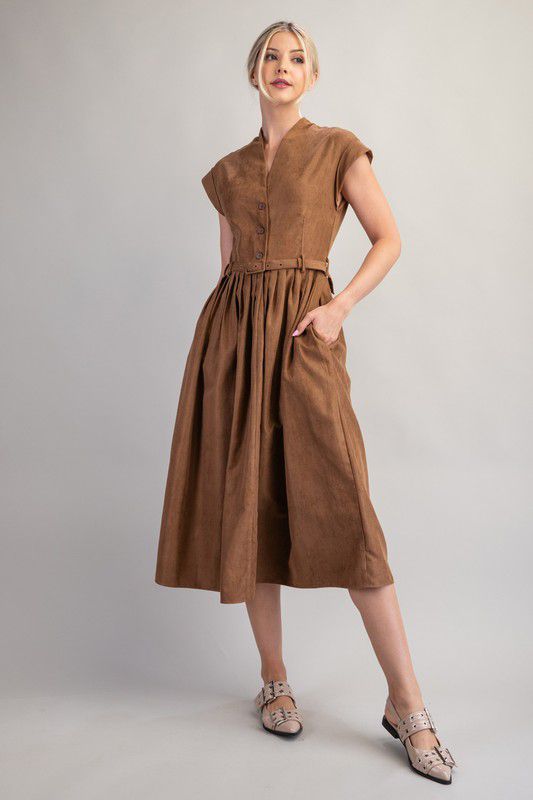 Camel button down midi dress