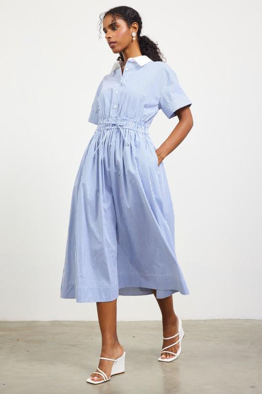 Button down smocked waist midi blue dress