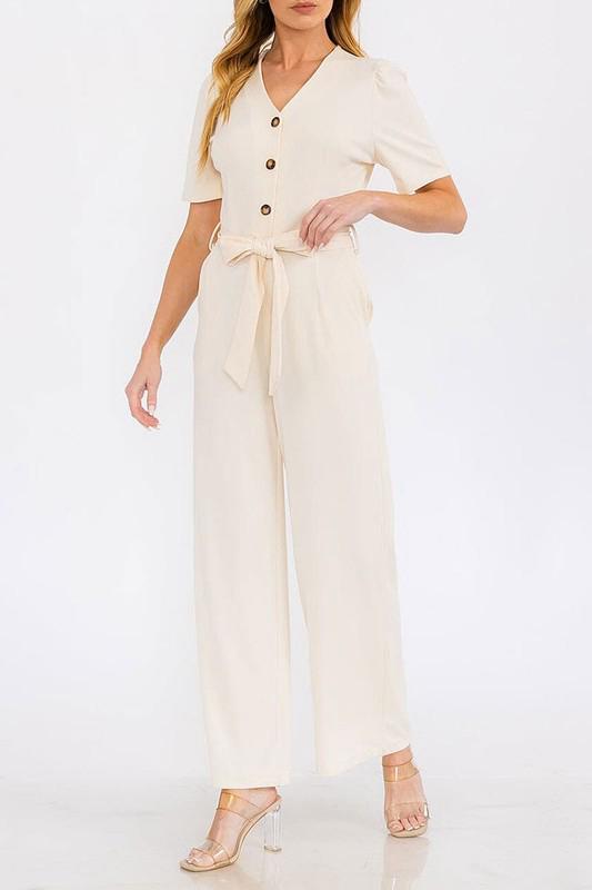 Button up wide leg jumpsuit with tie (Preorder)