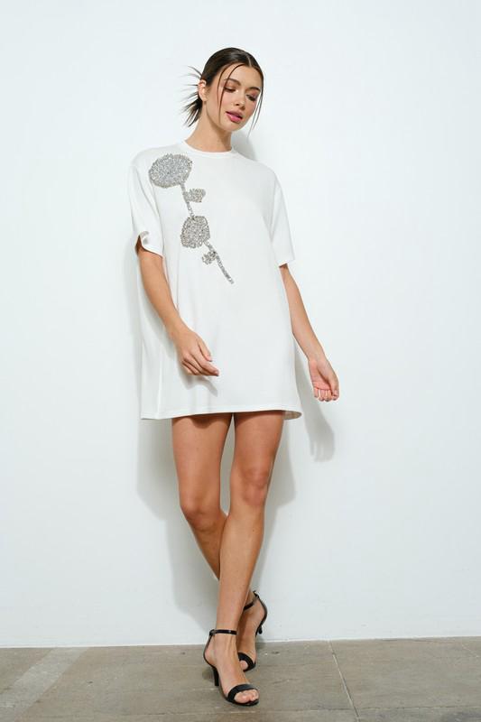 Rhinestone beaded flower white t-shirt dress (Preorder)