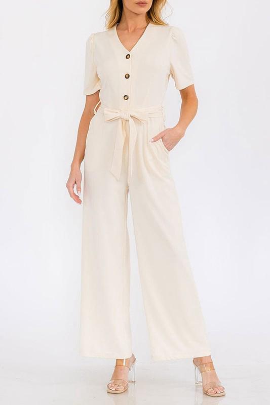 Button up wide leg jumpsuit with tie (Preorder)