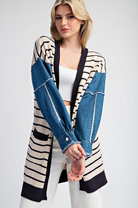 Oversized stripe/denim sleeves cardigan