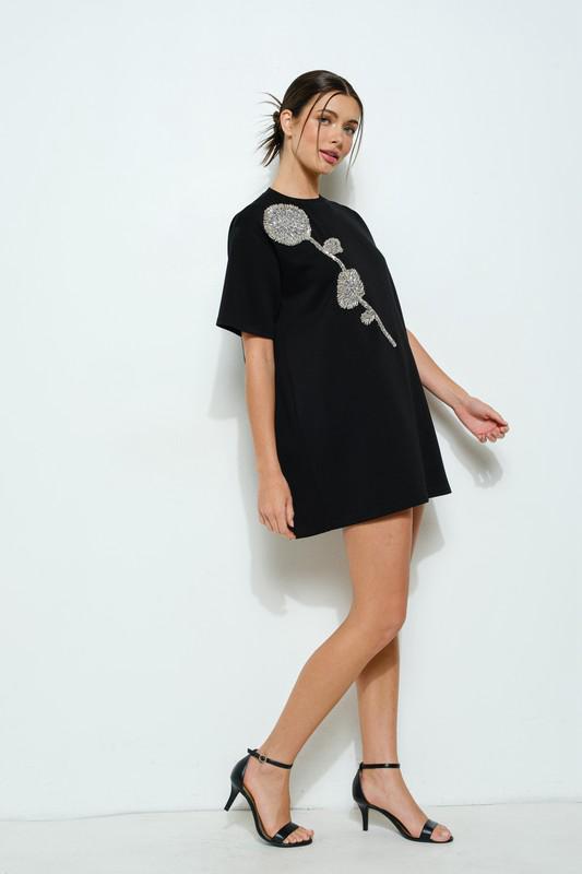 Rhinestone beaded flower black  t-shirt dress (Preorder)