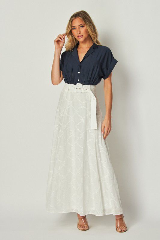 Navy white embroidered skirt maxi dress