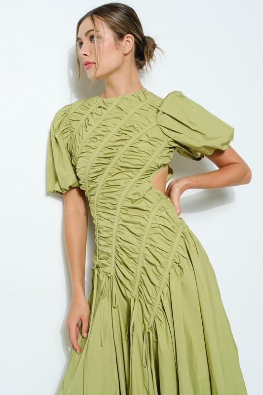 Green bubble sleeves cut out asymmetrical dress