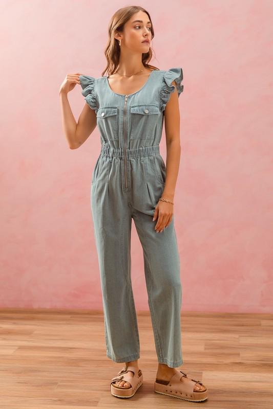 Flutter sleeve silver zipper denim Jumpsuit