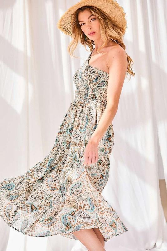 One shoulder paisley aqua print midi dress