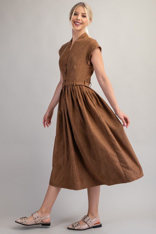 Camel button down midi dress