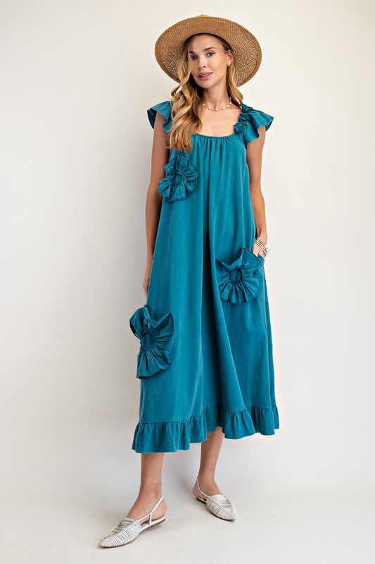 Flowy ruffle maxi dress with flower details (Preorder)