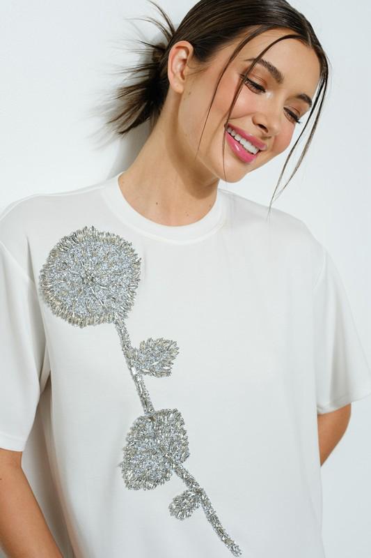 Rhinestone beaded flower white t-shirt dress (Preorder)