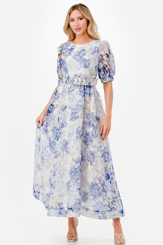 White & blue lace belted maxi dress