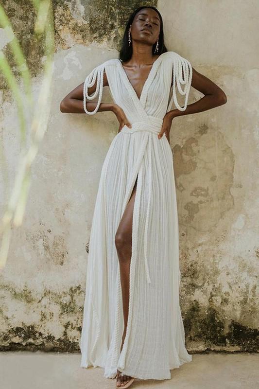 White draped braids shoulder backless maxi dress