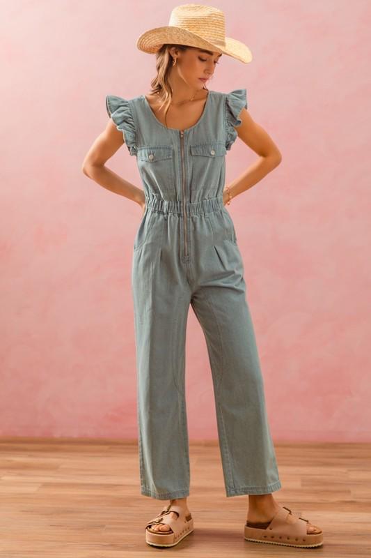 Flutter sleeve silver zipper denim Jumpsuit