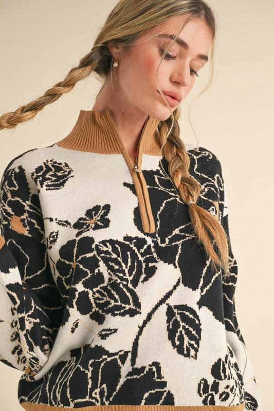 Black flowers high new zipper sweater