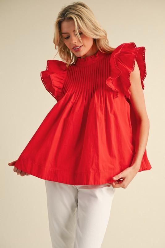 Ruby red ruffle pleated blouse (Preorder)