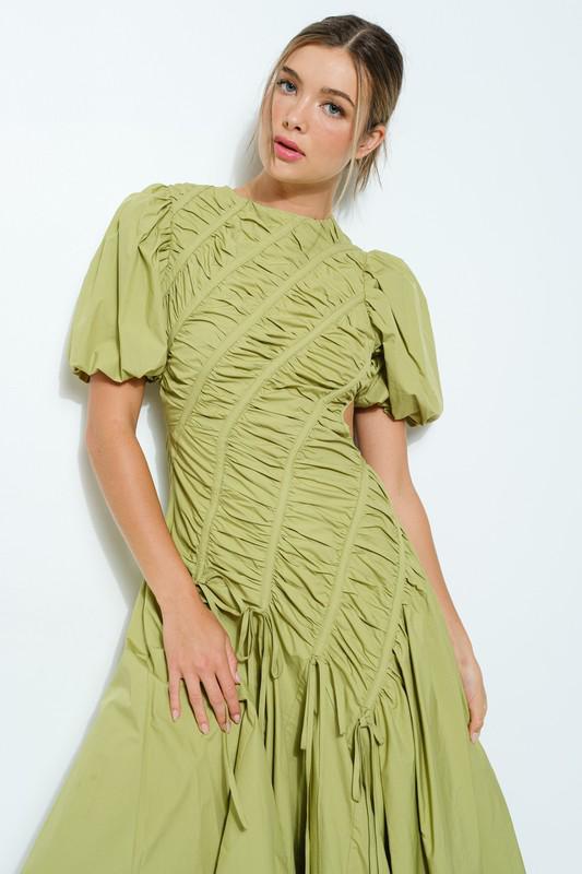 Green bubble sleeves cut out asymmetrical dress